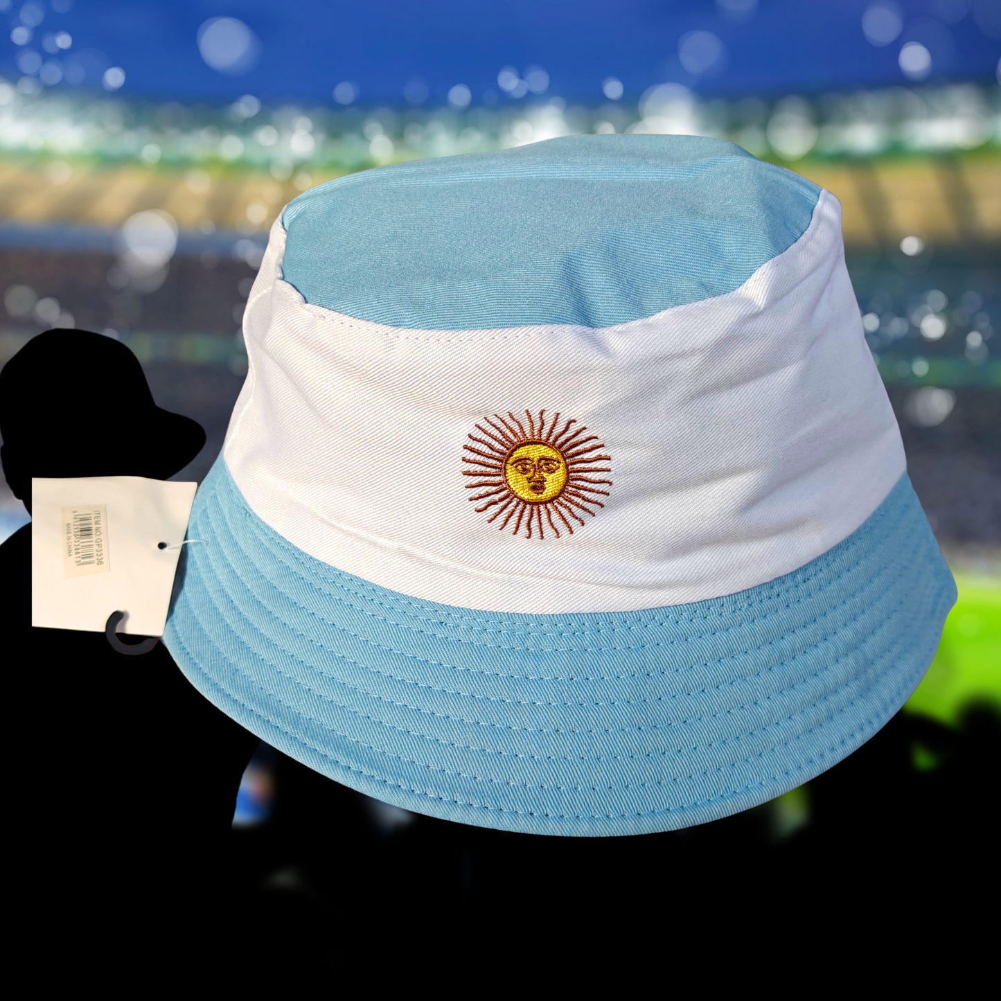 Argentina Bucket Hat – Embroidered Sun of May | Light Blue & White Stripes