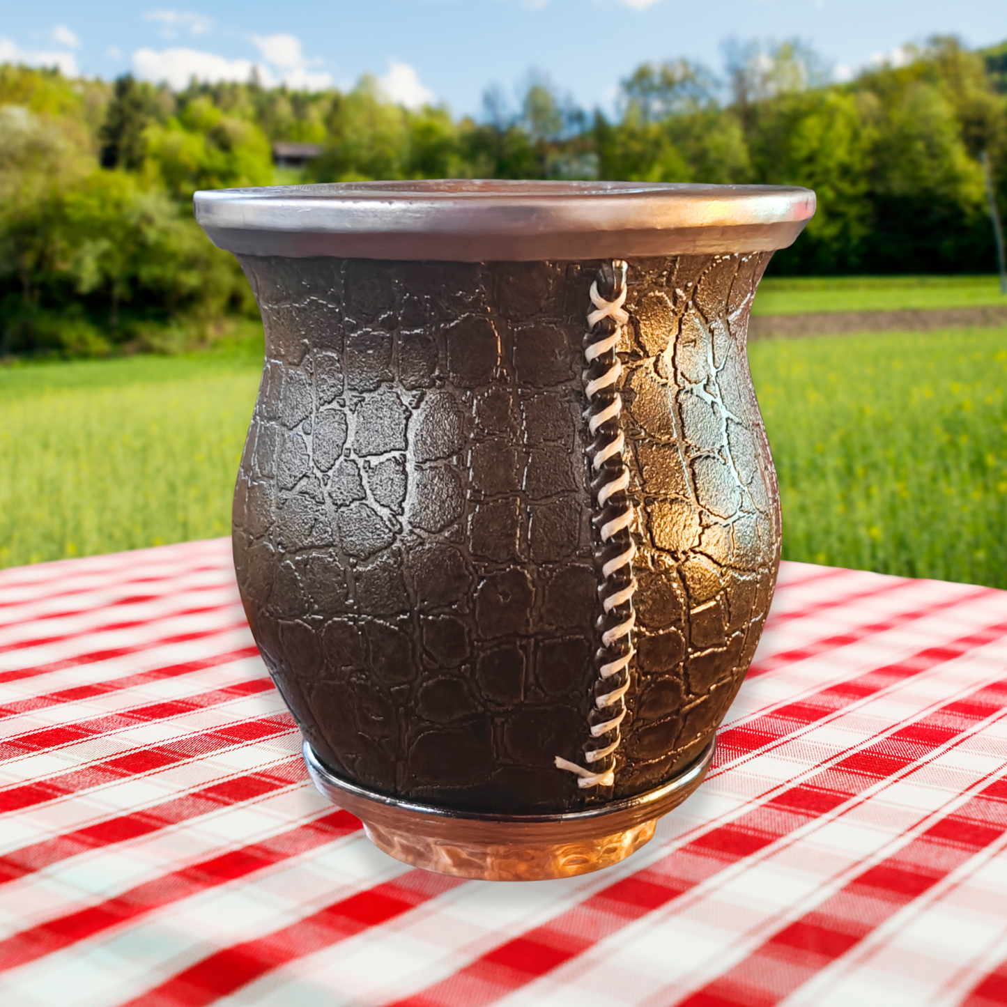 Imperial Yerba Mate Cup — PU “Croc” Leather Wrap with Stainless-Steel Rim + Bombilla