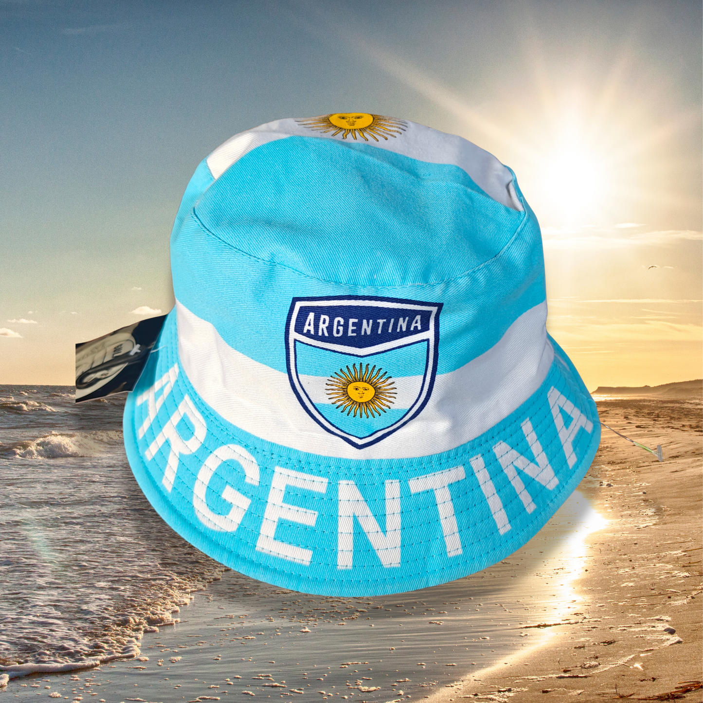 Argentina Bucket Hat - Unisex – Printed Shield & ARGENTINA Text | Light Blue & White Stripes