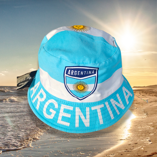 Argentina Bucket Hat - Unisex – Printed Shield & ARGENTINA Text | Light Blue & White Stripes