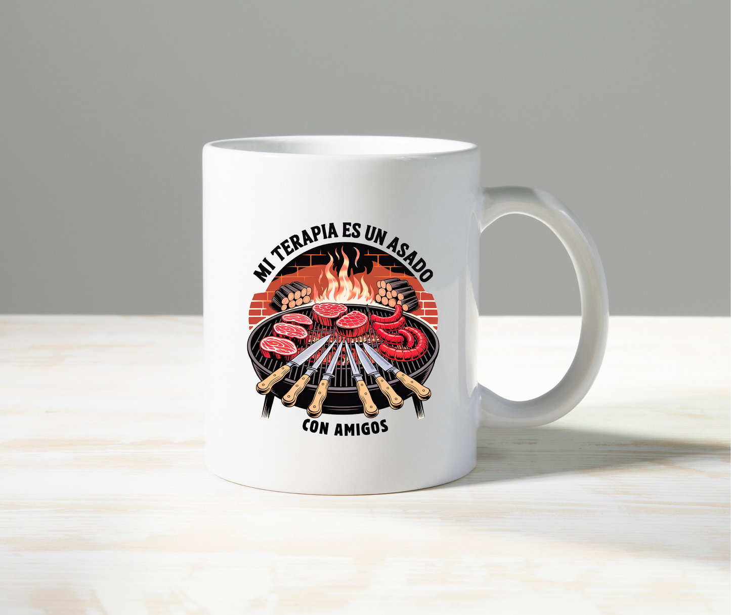 Mi Terapia es un Asado con Amigos Mug – Funny Argentine BBQ Coffee Cup – White Glossy Ceramic Gift for Grill Lovers