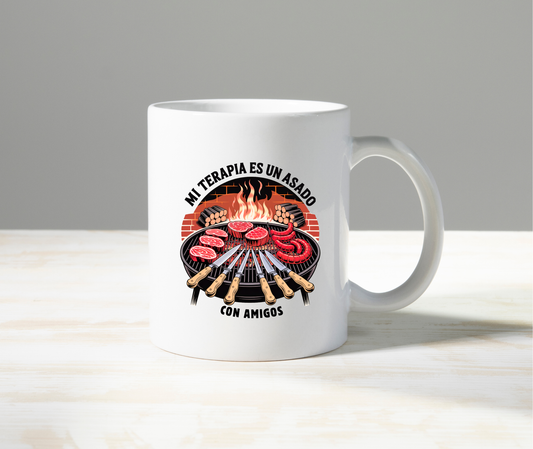 Mi Terapia es un Asado con Amigos Mug – Funny Argentine BBQ Coffee Cup – White Glossy Ceramic Gift for Grill Lovers