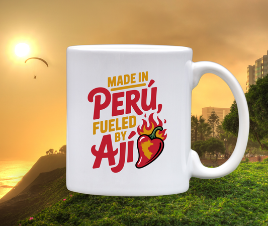 Made in Peru fueled by aji Mug – White glossy mug – 11 oz