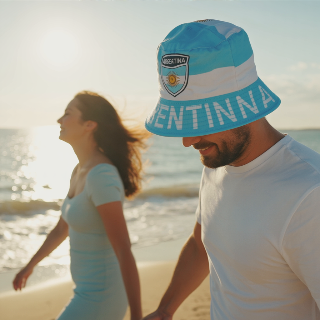 Argentina Bucket Hat - Unisex – Printed Shield & ARGENTINA Text | Light Blue & White Stripes