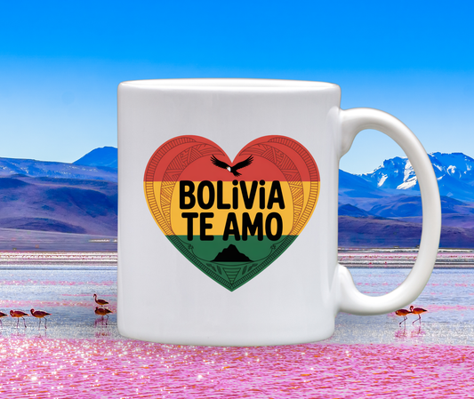 Bolivia Heart Mug – Bolivian Flag Colors with Andean Motifs –  Bolivia Te Amo (I love you Bolivia) Gift – Latin American Heritage Ceramic Mug