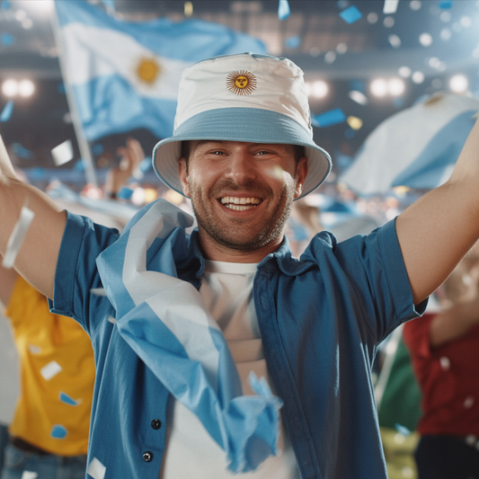Argentina Bucket Hat – Embroidered Sun of May | Light Blue & White Stripes
