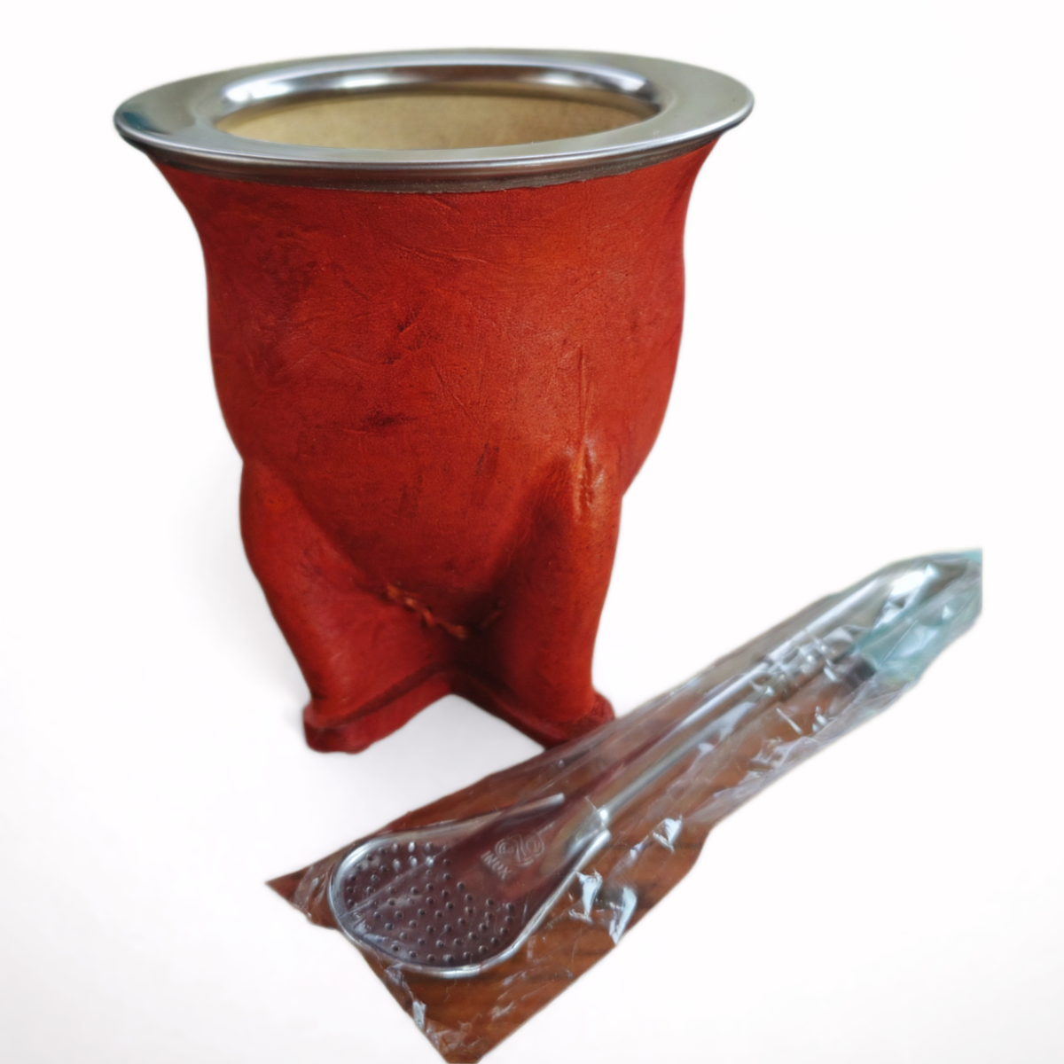 Wrapped Calabash Mate with Stainless Steel Rim & Four-Leg Base