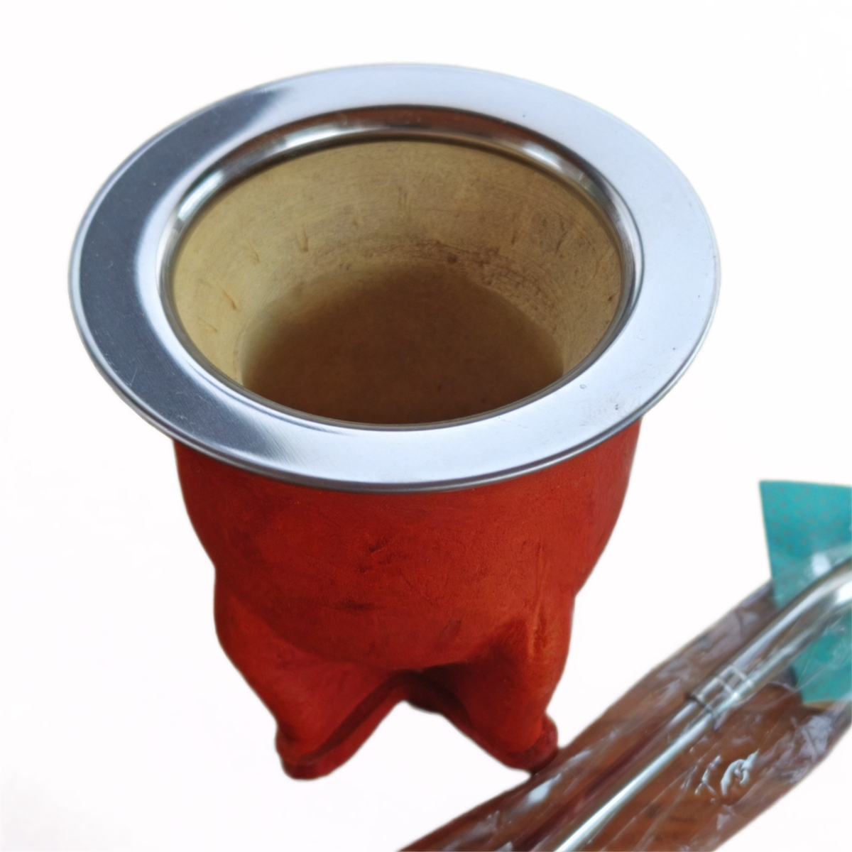 Wrapped Calabash Mate with Stainless Steel Rim & Four-Leg Base