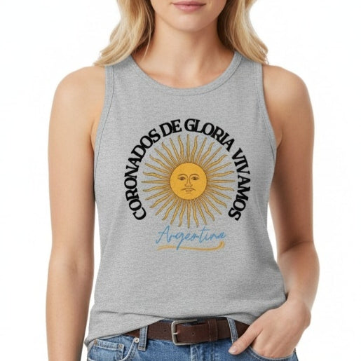 Women’s Casual Crew Neck Polyester Tank Top – Sun & “Coronados de Gloria” Argentina Graphic, Light Gray